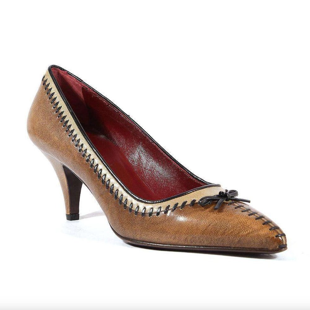 Women's New Prada Brown Pumps with Hand Stitch Detail and Short Heel